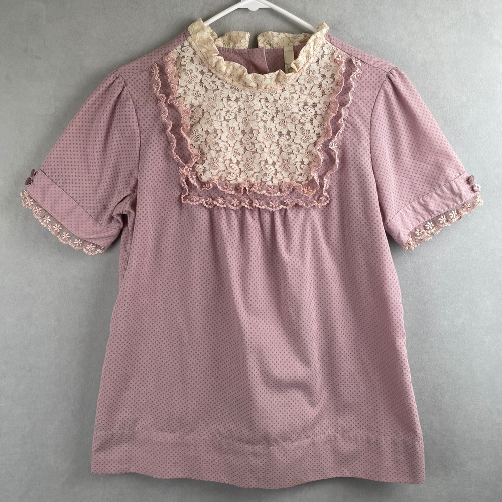 VTG Fossil Pink Swiss Dot Lace Bib Blouse Size L Soft Girl Cottagecore Coquette
